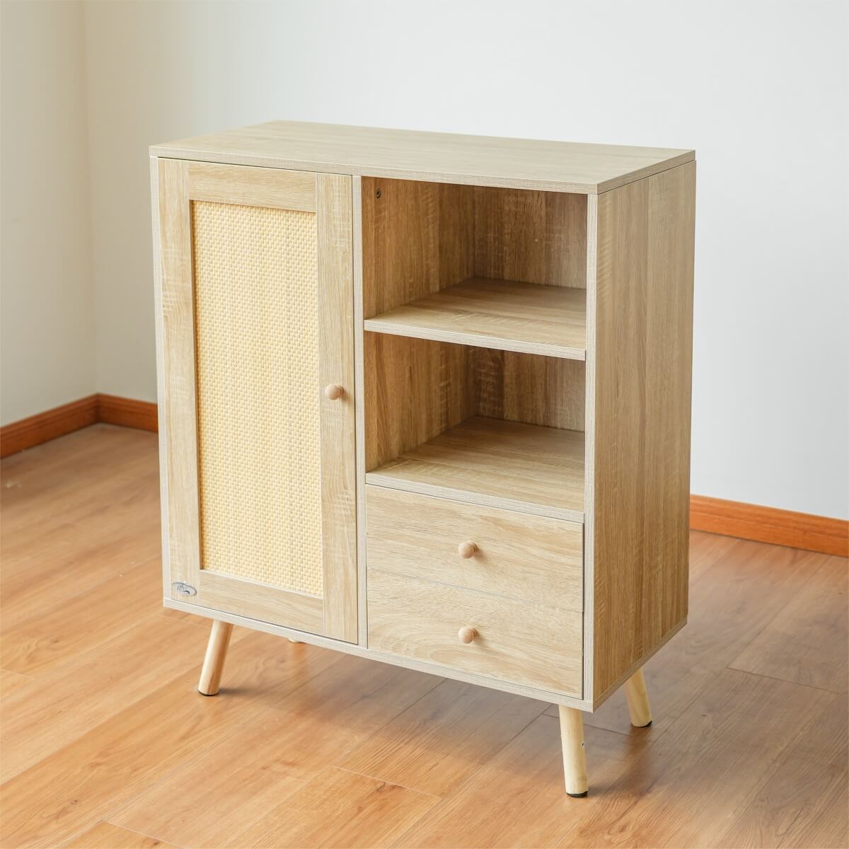 Solid Wood Storage Cupboard with 1 Door & 2 Drawers - Freestanding Cabinet