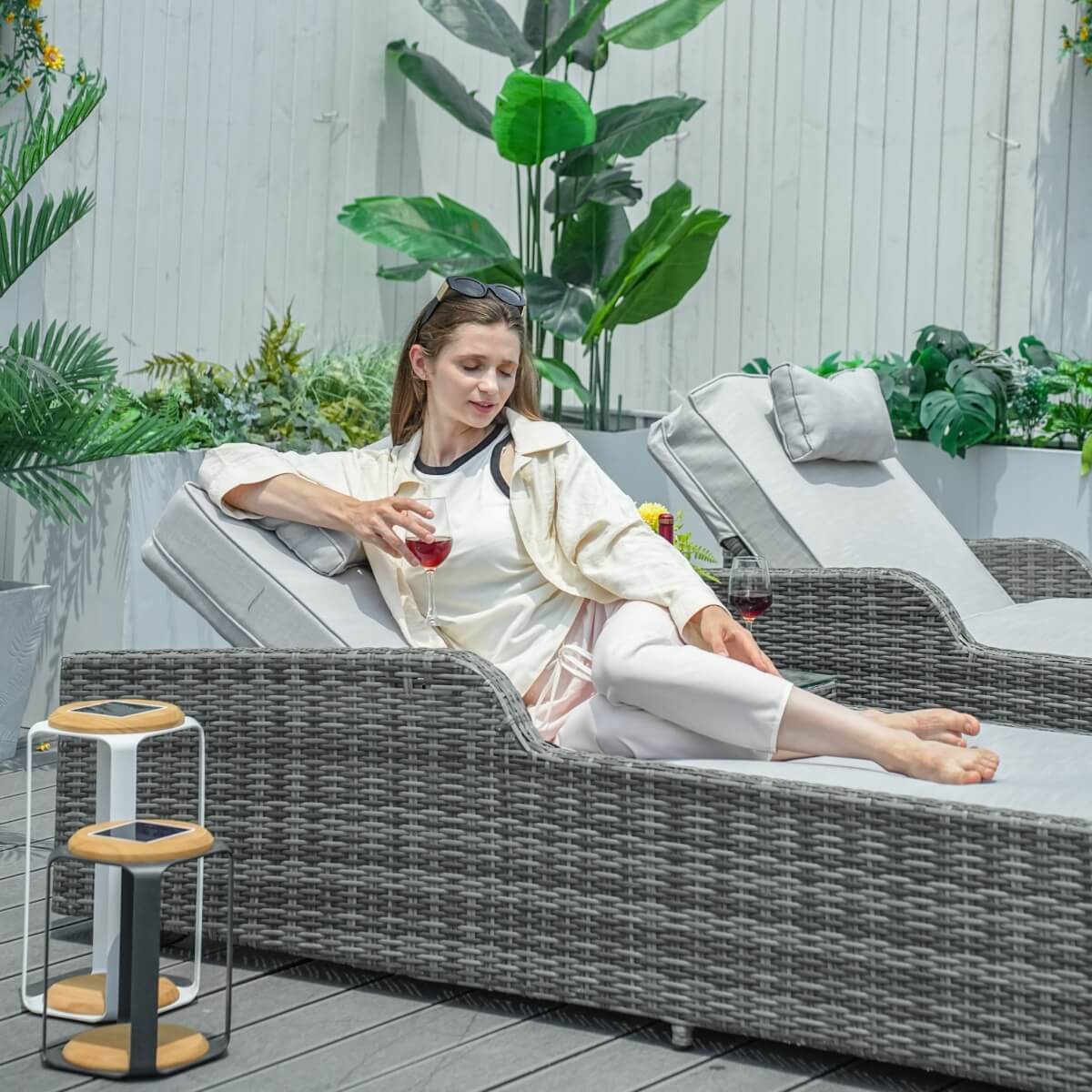 3 Piece Outdoor Rattan Sun Lounger Set with Side Table - Garden Sun Loungers