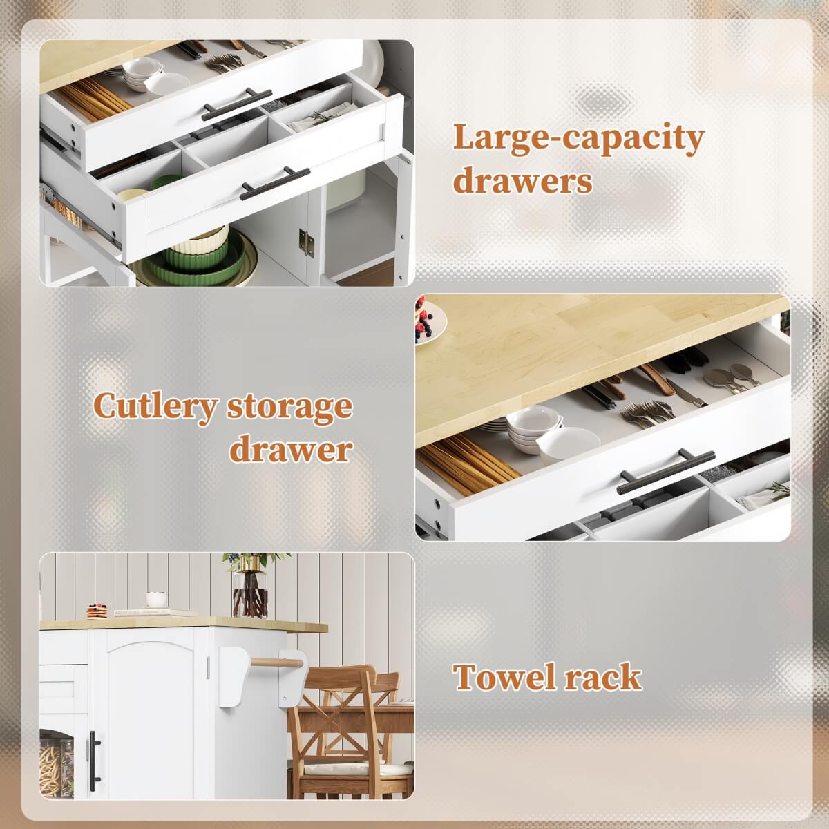 Kitchen Island Trolley - Foldable Worktop, Storage Shelves, Drawer, Wheels
