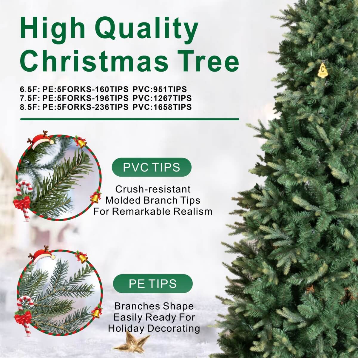 Realistic Full Green PE & PVC Artificial Christmas Tree - Lush Mixed-Foliage Xmas Tree for Festive Home Decoration, 6.5ft/7.5ft/8.5ft