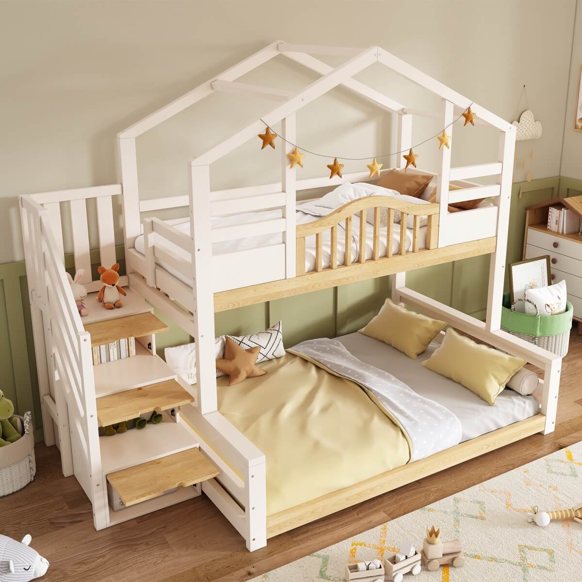 Kids Bunk Bed with Stairs - Storage Drawers, House Design, Solid Wood, White and Natural