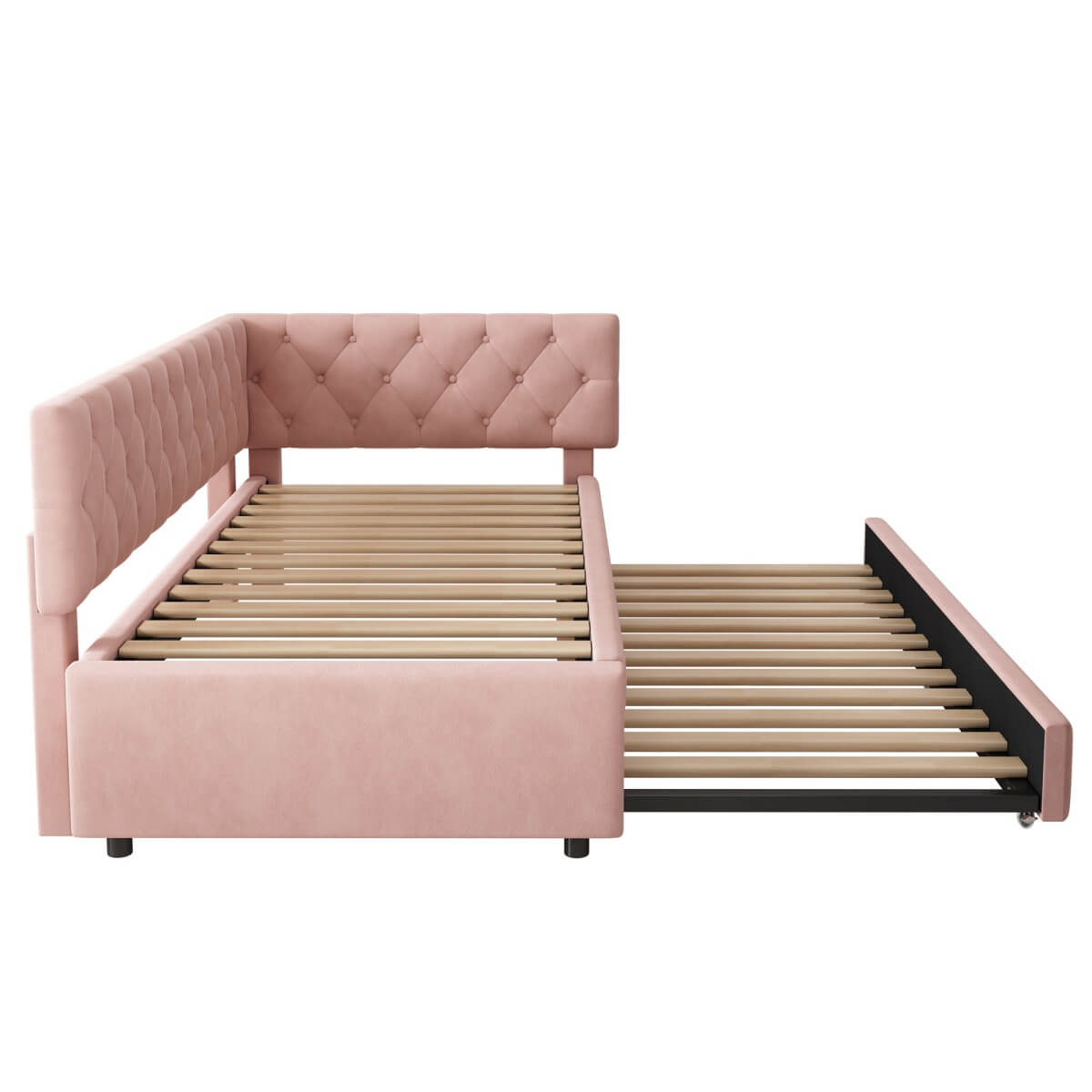 Upholstered Daybed with Pull-Out Bed - 3FT Single Sofa Bed 90x190cm, Trundle Guest Bed with Slatted Frame, Velvet