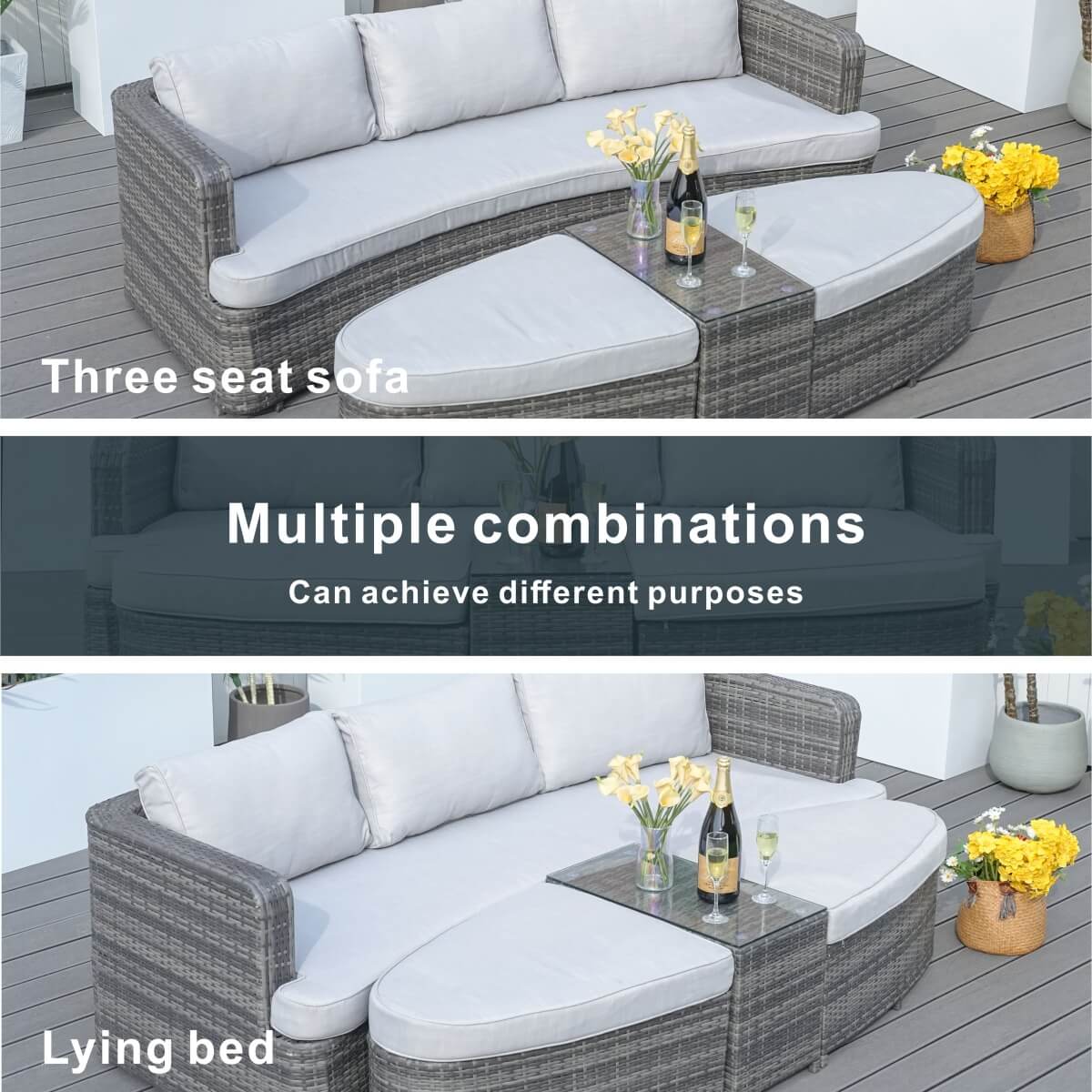 Rattan Outdoor Daybed with Coffee Table - Garden Sun Lounger Sofa