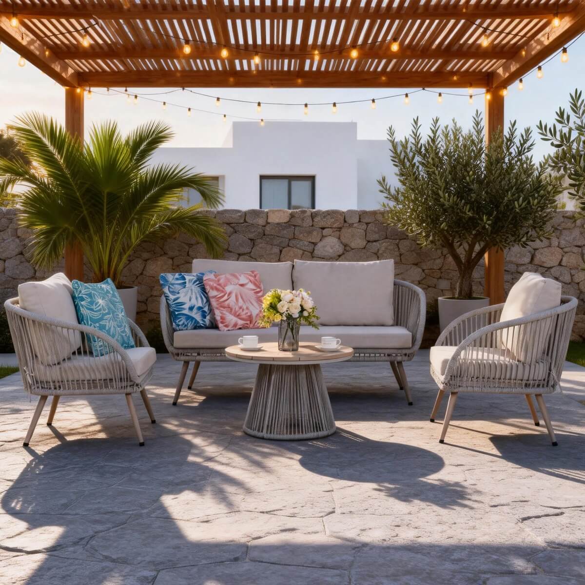 4-Seater Outdoor Sofa Set with Round Coffee Table - Metal Garden Patio Furniture Set