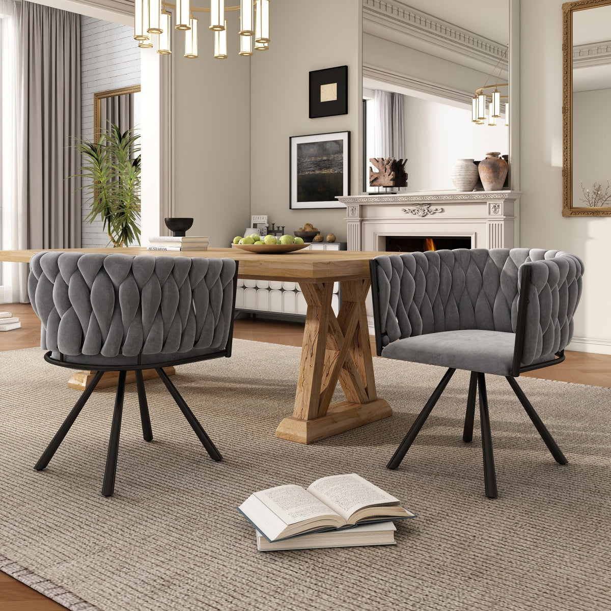 Set of 2 Velvet Swivel Dining Chairs - Luxury Armchairs, Grey