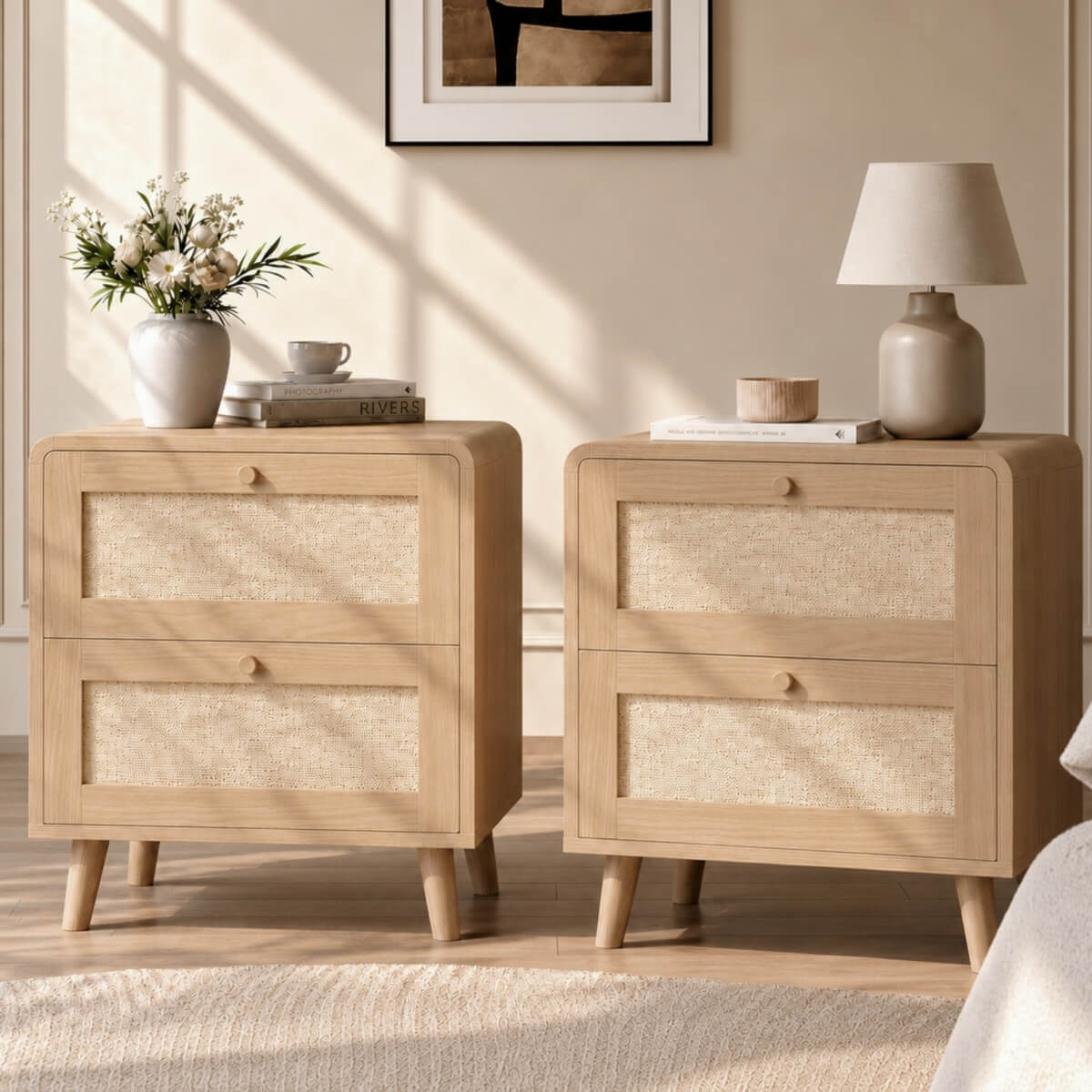 Set of 2 Rattan Effect Bedside Tables with 2 Drawers - Rounded Corners and Raised Legs, Natural Oak