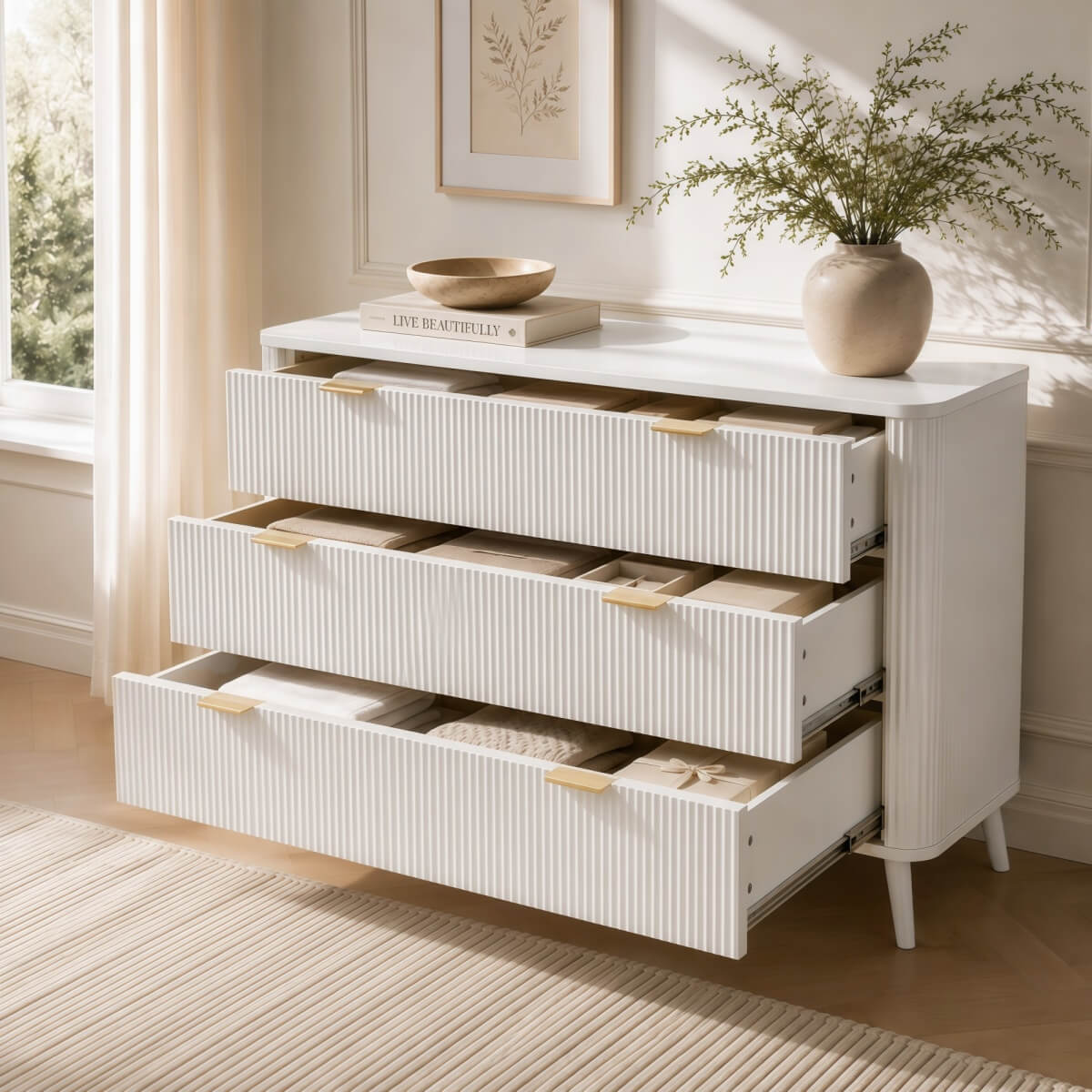 3-Drawer Chest of Drawers - Fluted Bedroom Storage Unit with Rounded Corners, Gold Handles and 4 Solid Wood Legs, Cream White