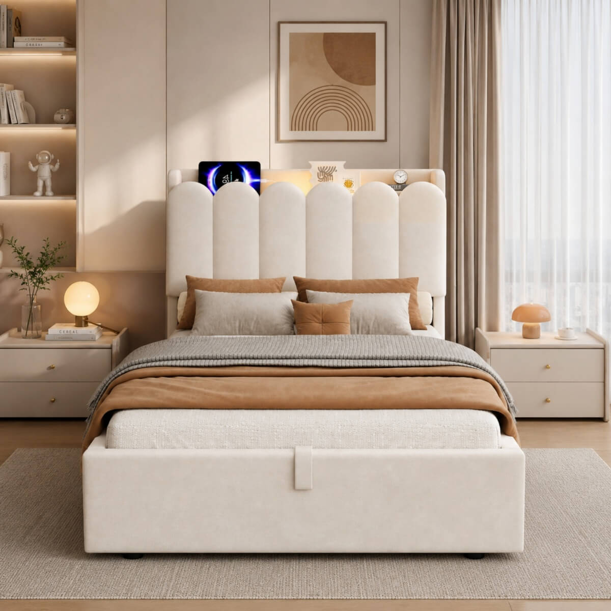 3ft Single Upholstered Ottoman Storage Bed - Velvet Bed Frame with Hydraulic Lift-Up Storage, Storage Headboard, USB & Type-C Charging Ports & Reading Light, Beige