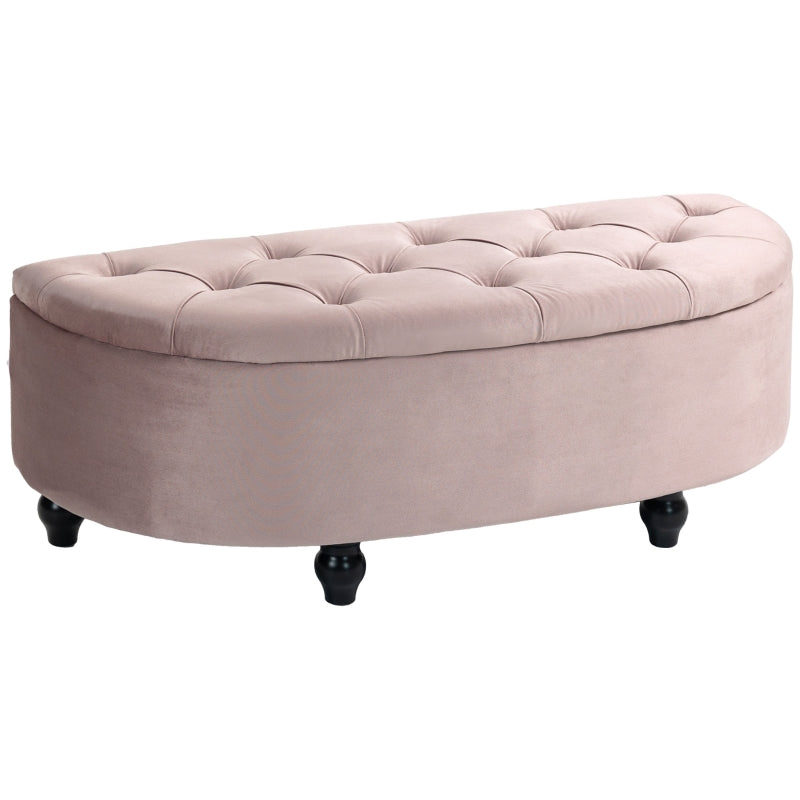 Semi-Circle Ottoman Storage Bench, Tufted Upholstered Footrest Stool, Rubberwood Legs, Pink