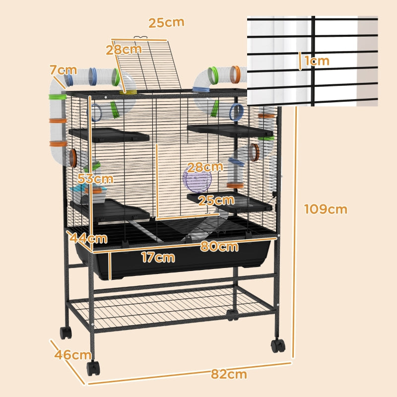 Large Hamster Cage, Gerbil Cage with Tubes, Shelf, Ramps, Platforms, Running Wheel - Black