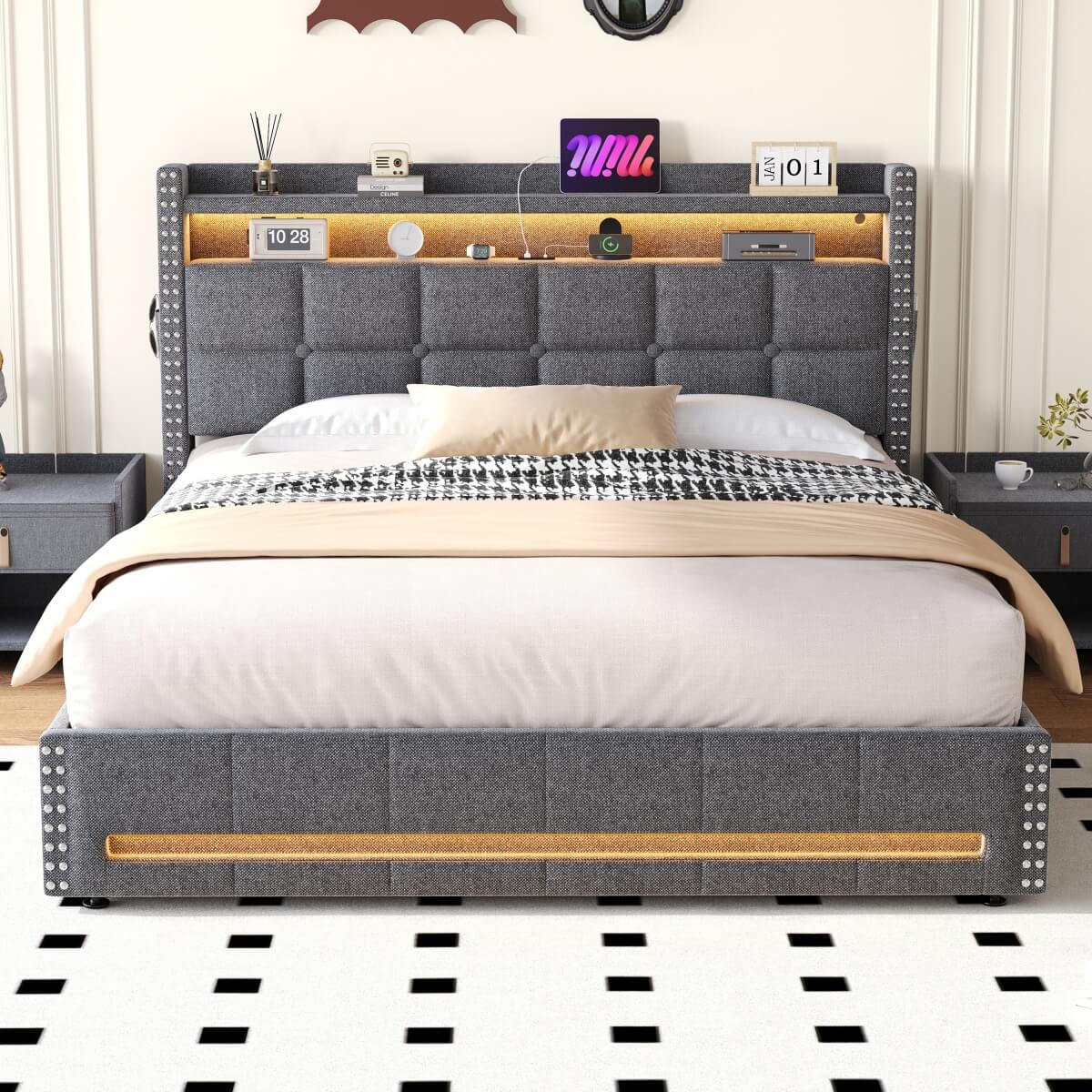 4ft6 Double Ottoman Bed Frame - LED Upholstered Storage Bed with USB & Type C Charging, Grey