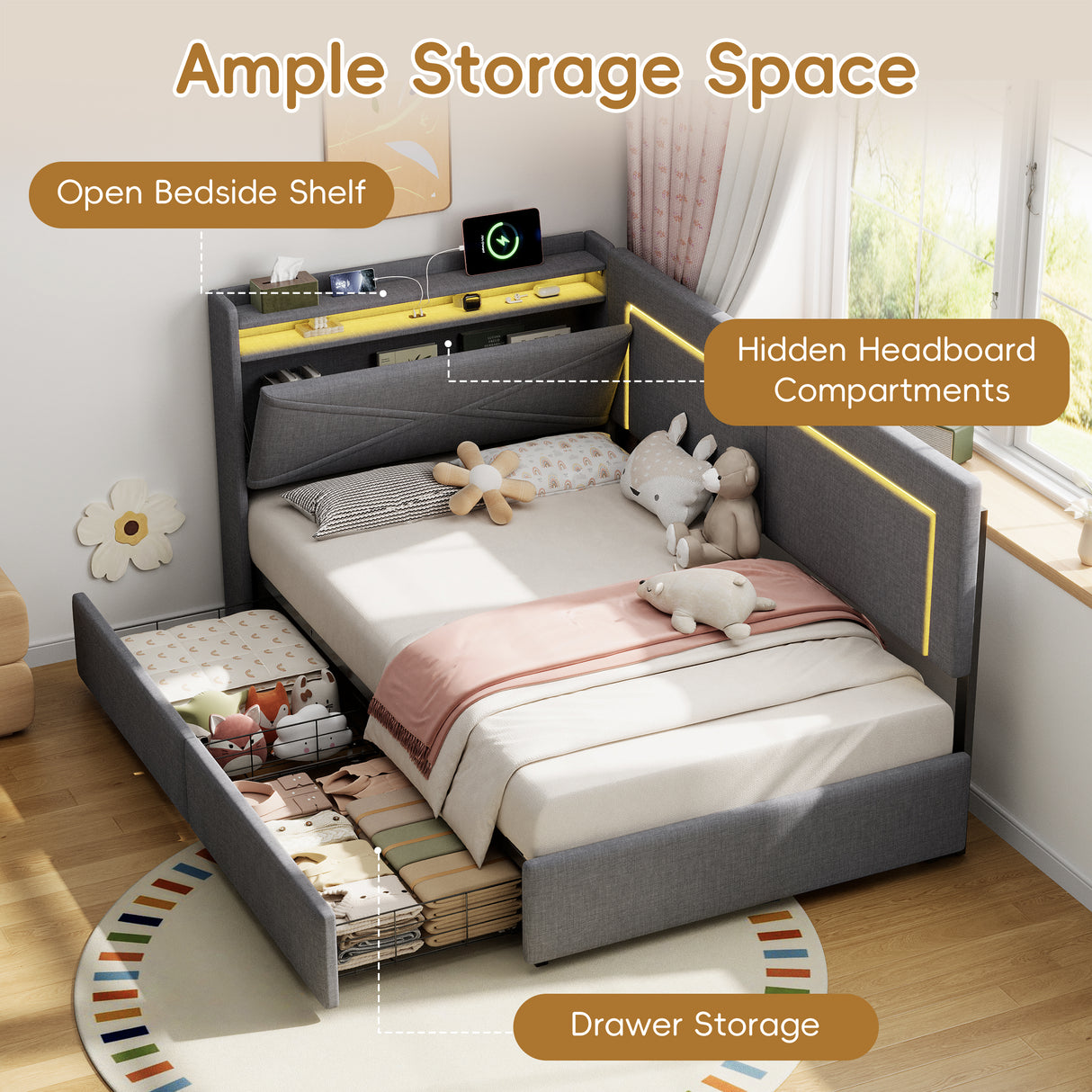3ft Single Daybed with Two Storage Drawers, LED Concealed Headboard Storage with Charging Station, Modern Linen Sofa Bed for Living Room/ Bedroom/ Study Room, 90X190cm, Grey (No Mattress)