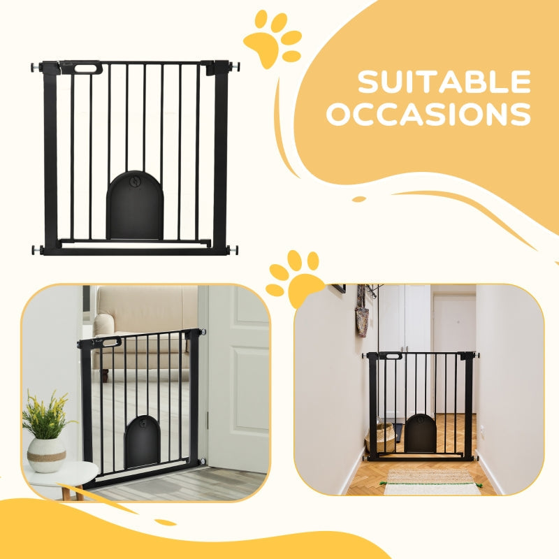 Dog Gate, Cat Flap Pet Safety Barrier, Stair Pressure Fit, Auto Close, Double Locking, Black