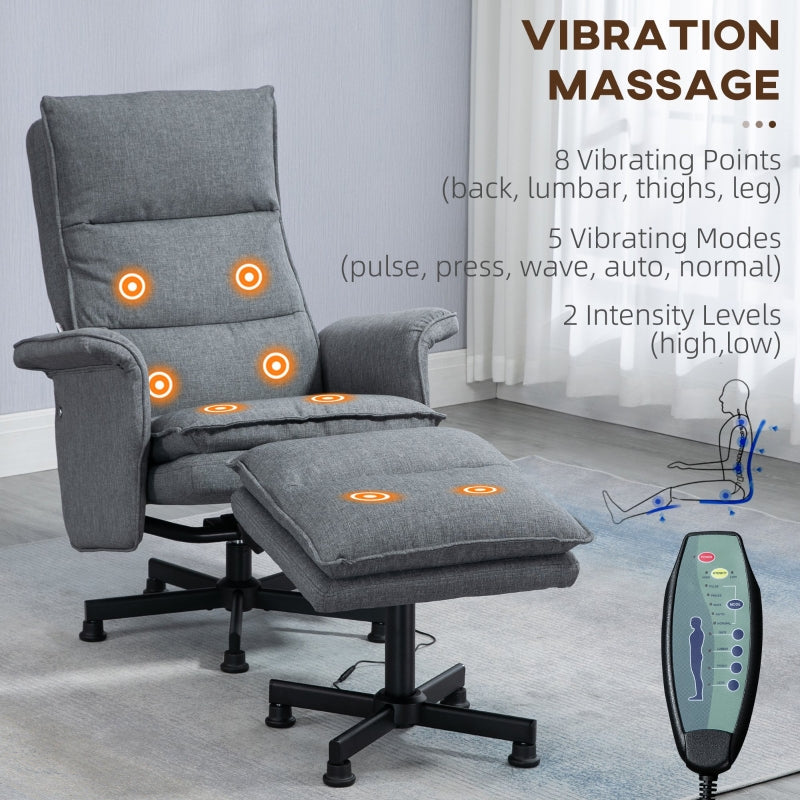 Swivel Recliner Chair and Footstool with Massage, Timer, Steel Base, Upholstered Grey