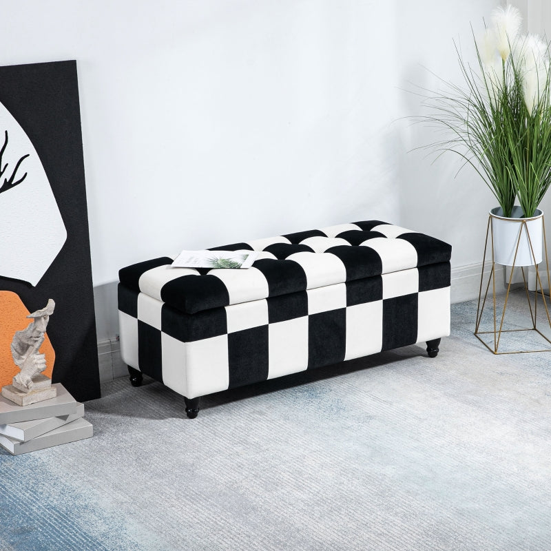 Velvet Storage Ottoman, Button-Tufted Footstool Toy Chest, White and Black