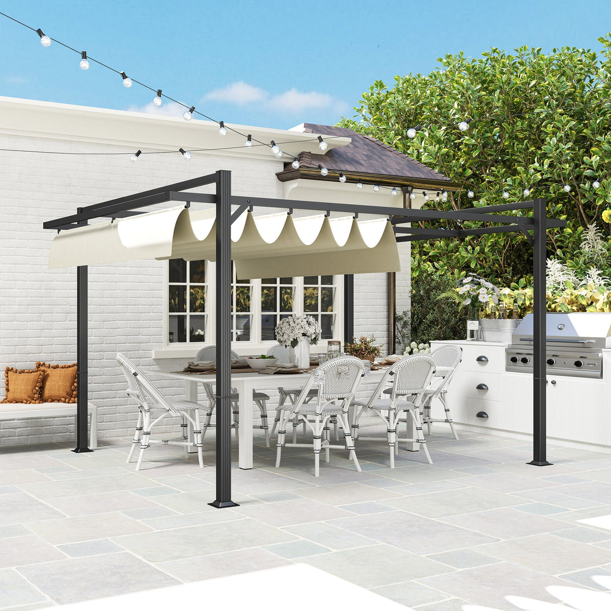 Aluminium Pergola, 3 x 4m with Retractable Roof - Grey/Khaki
