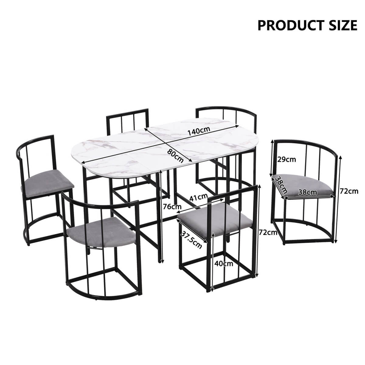 6 Seater Dining Table Set – White Table with Grey Cushioned Chairs, Black Metal Frame, Modern Dining Room Set