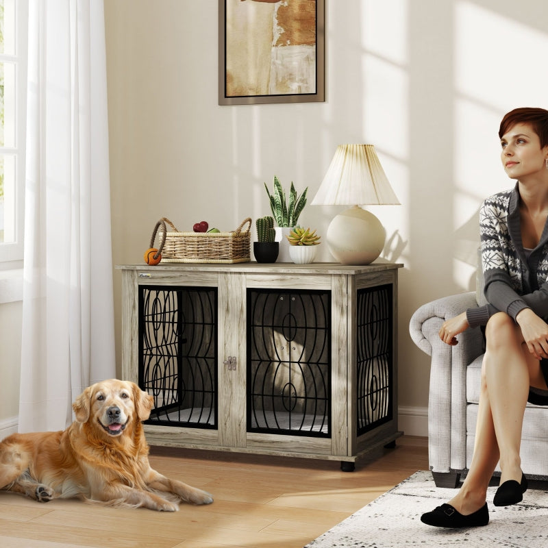 PawHut Dog Crate End Table with Cushion, Lockable Door - Grey