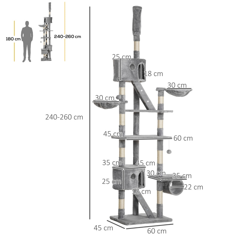 Floor to Ceiling Cat Tree for Indoor Cats, Adjustable Height - Light Grey