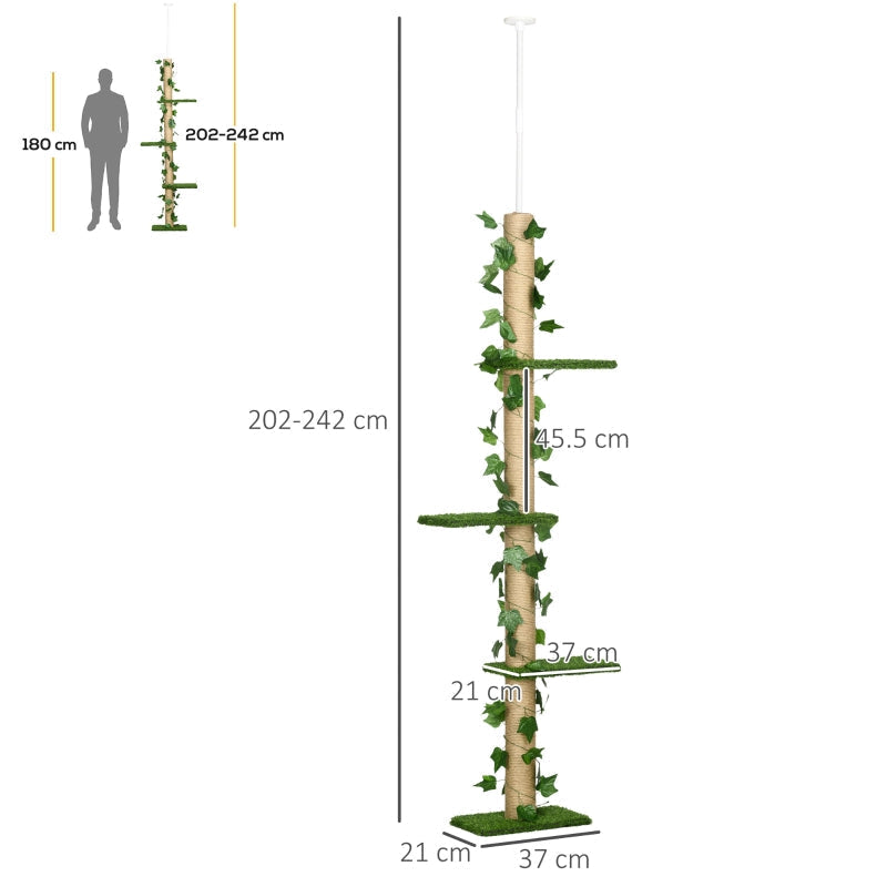 Cat Tree, 242cm Adjustable Floor-To-Ceiling with Perches, Anti-Slip Kit - Green