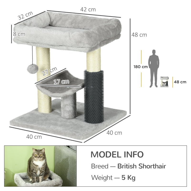 Cat Tree 48cm with Scratching Posts, Bed, Perch, Self Groomer, Toy - Grey
