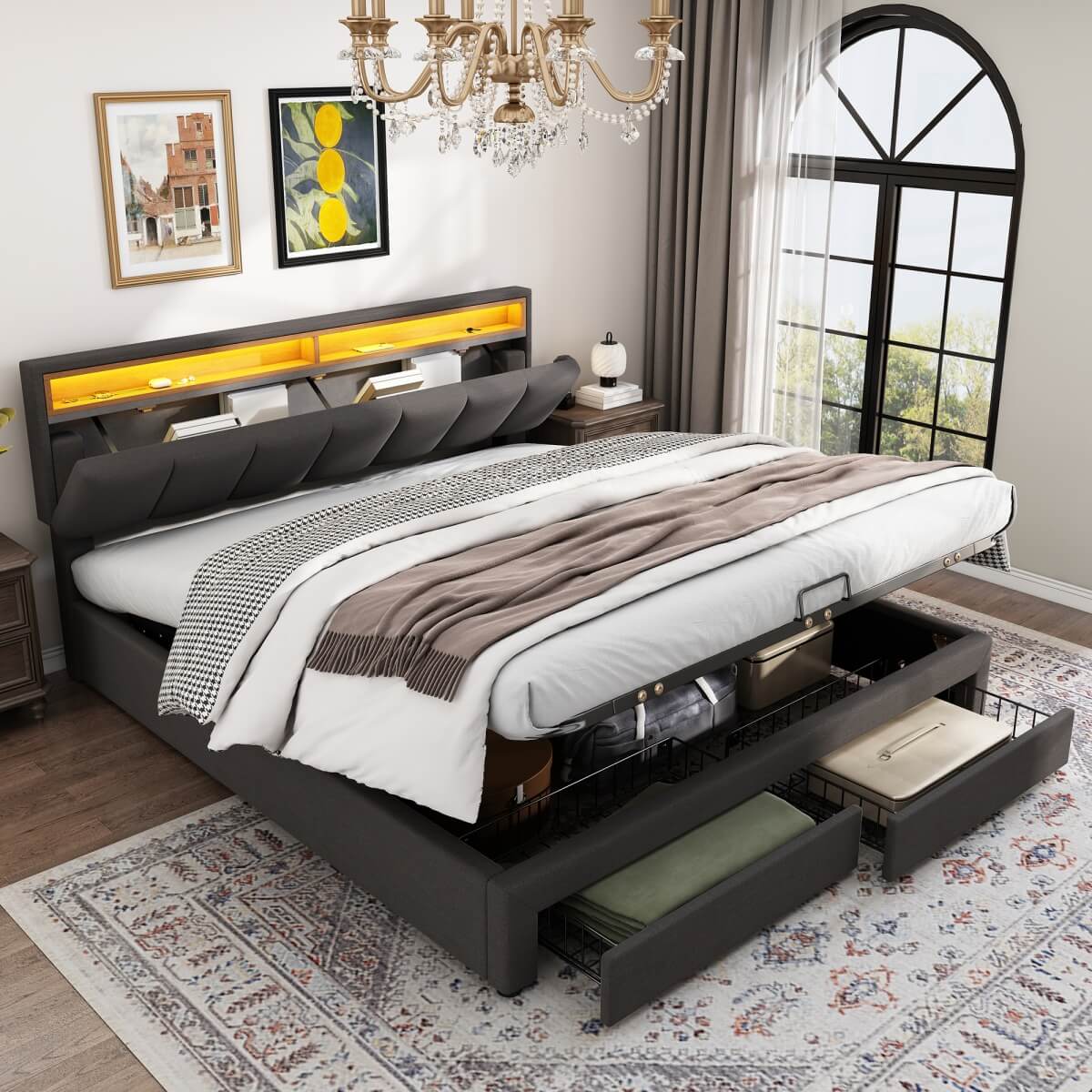 5ft King Upholstered Storage Bed with LED Lights – Hydraulic Bed with Drawers, Bed Box and Stowable Headboard