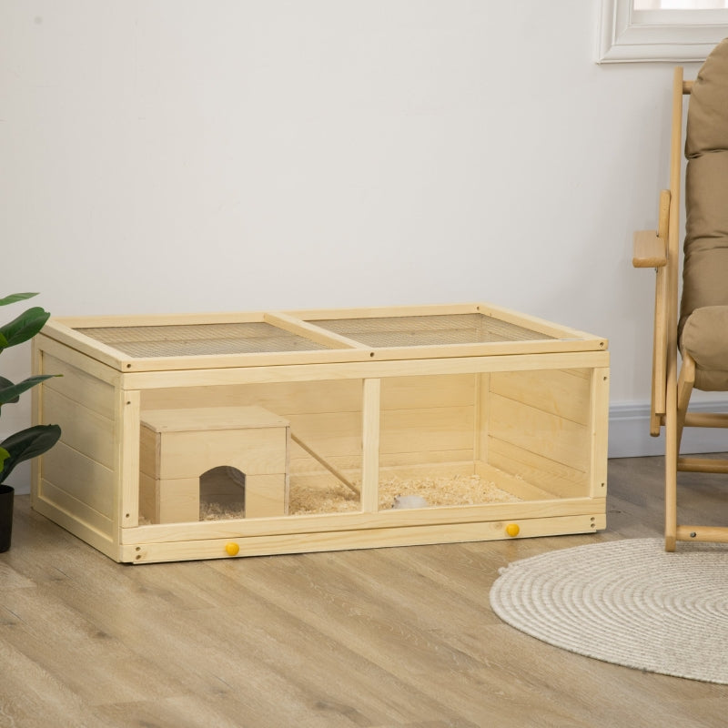 Wooden Hamster Cage with Sliding Tray, Openable Top, Hut, Natural Wood