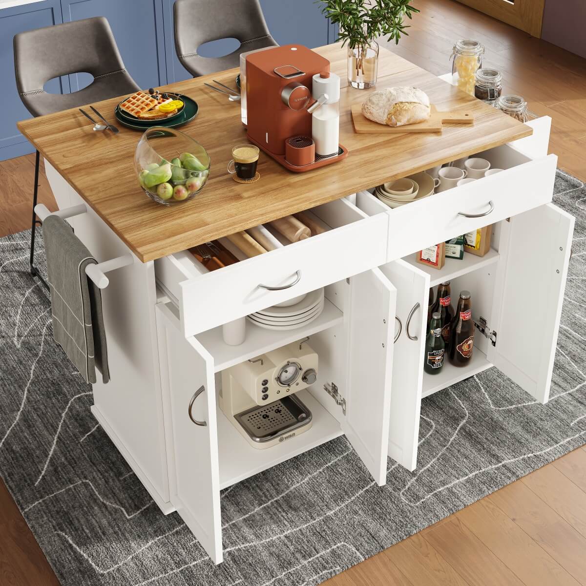 Kitchen Island Trolley with Storage — Rolling Cabinet with Drawers, Adjustable Shelf & Spice Rack