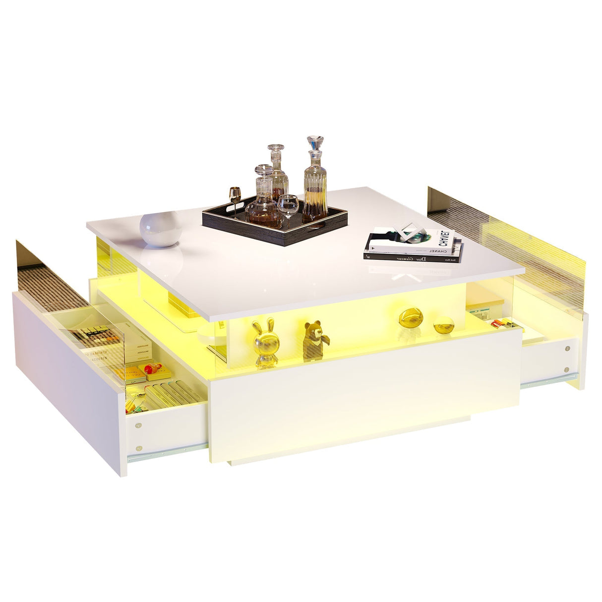 Coffee Table with Storage, Modern LED, White Wood and Acrylic Glass