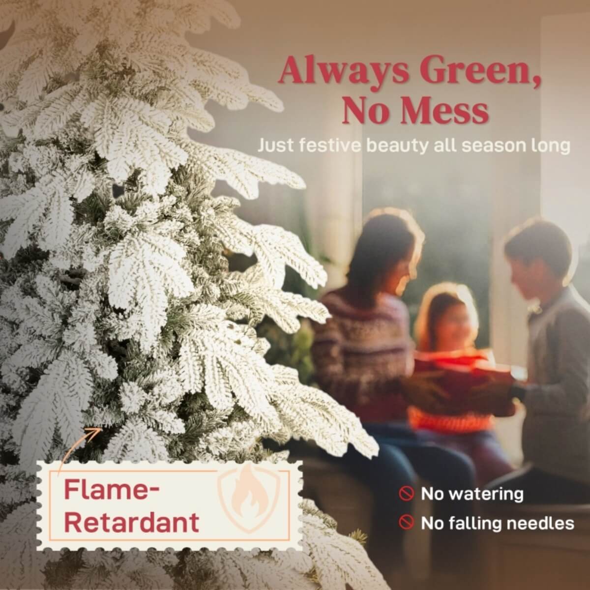 6FT Super Flocked Artificial Christmas Tree - Realistic Snow Effect, Green & White, Folding Metal Base