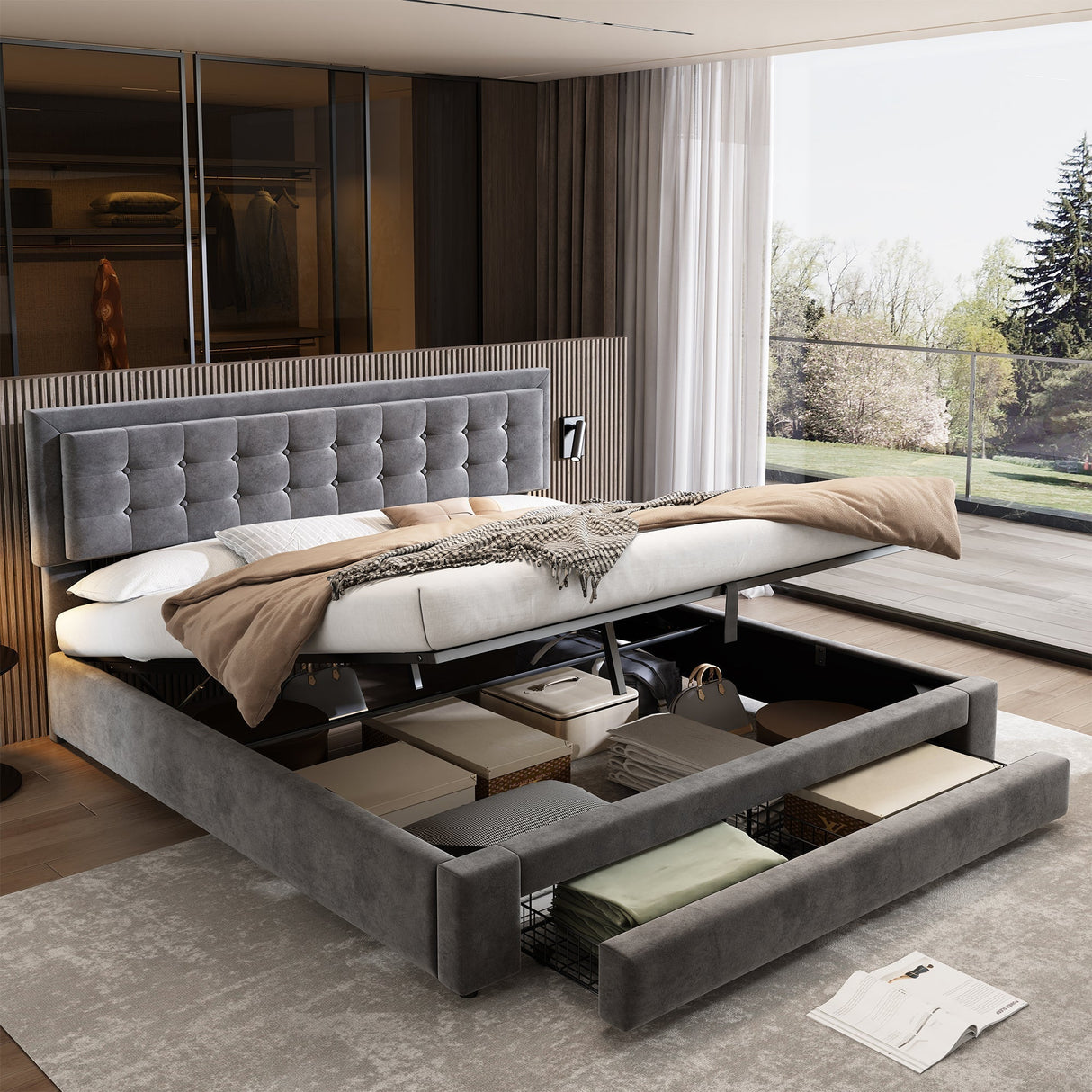 Upholstered Bed, King Size (150x200cm) with Storage, Slats & Headboard, Velvet Fabric, Grey