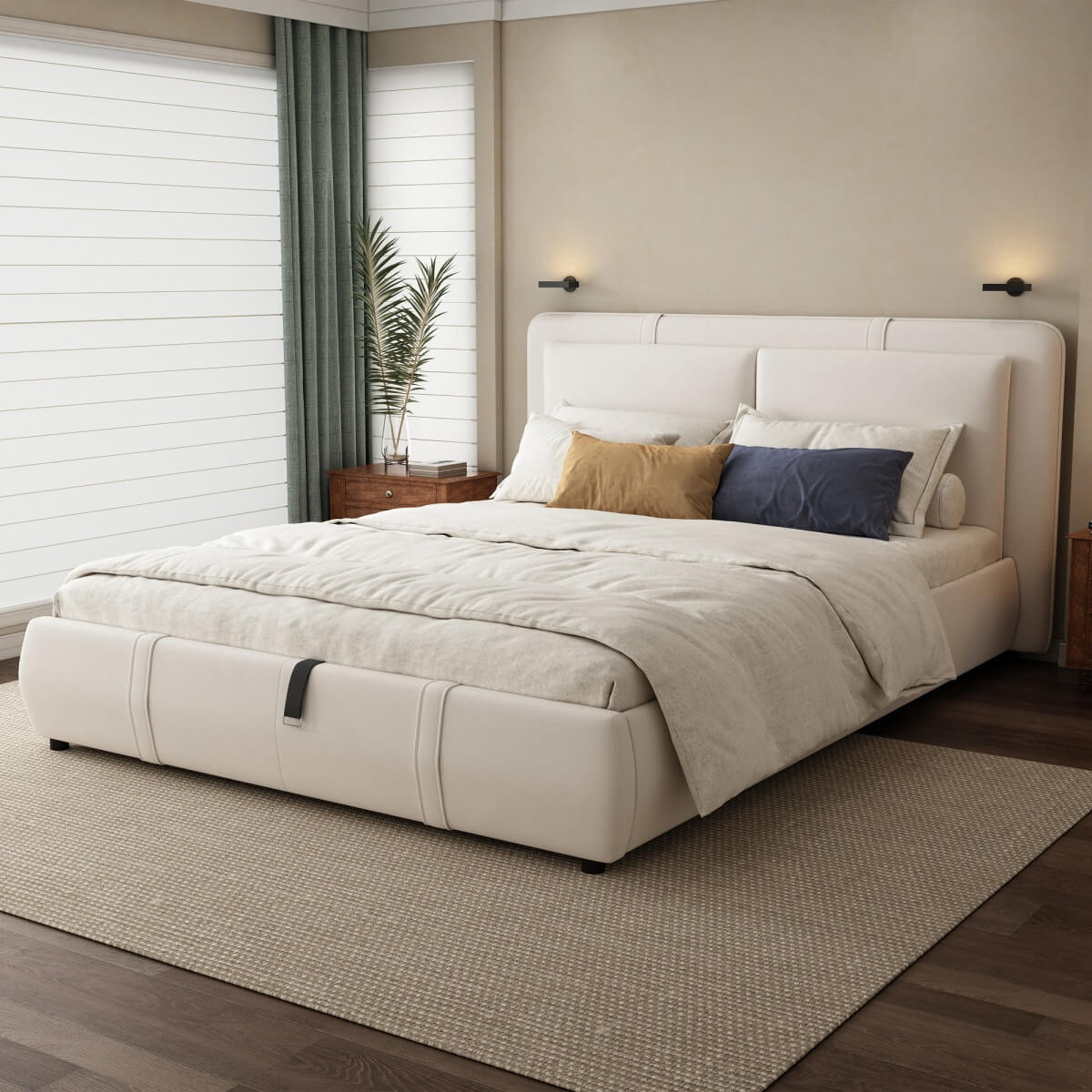 4ft6 Double Upholstered Storage Bed - Hydraulic Lift, Velvet Bed Frame with Removable Headboard, Beige