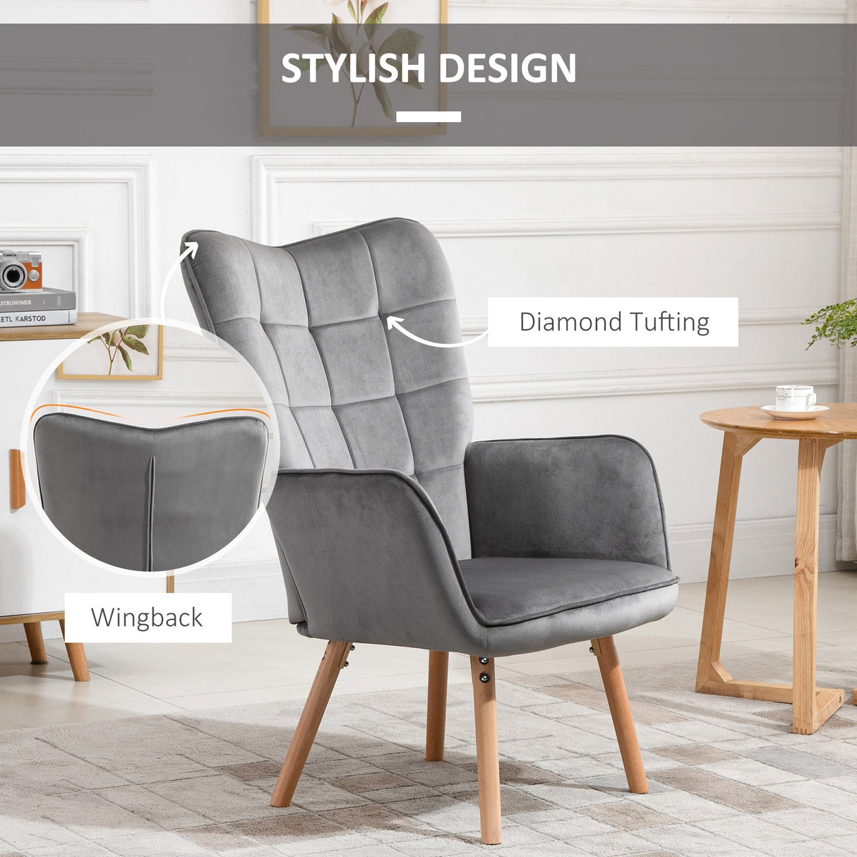 Modern Accent Chair, Tufted Wingback Armchair with Wood Legs, Grey Velvet