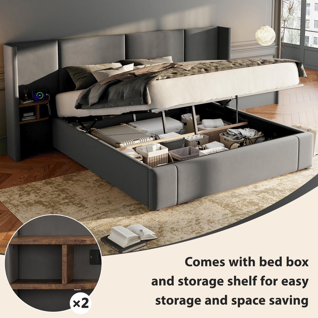 Upholstered King Size 5ft (150*200cm) Ottoman Lift Up Bed Frame with USB, Sockets & Bedside Tables, Velvet Grey