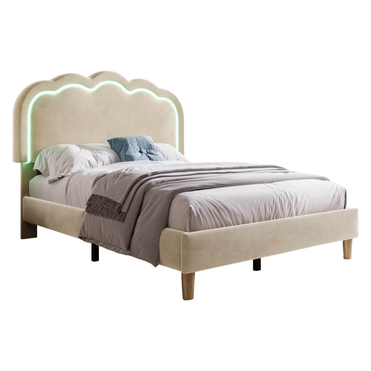 3ft Single Kids Bed with LED - Upholstered Velvet Bed Frame, Adjustable Headboard & Slatted Base, Beige
