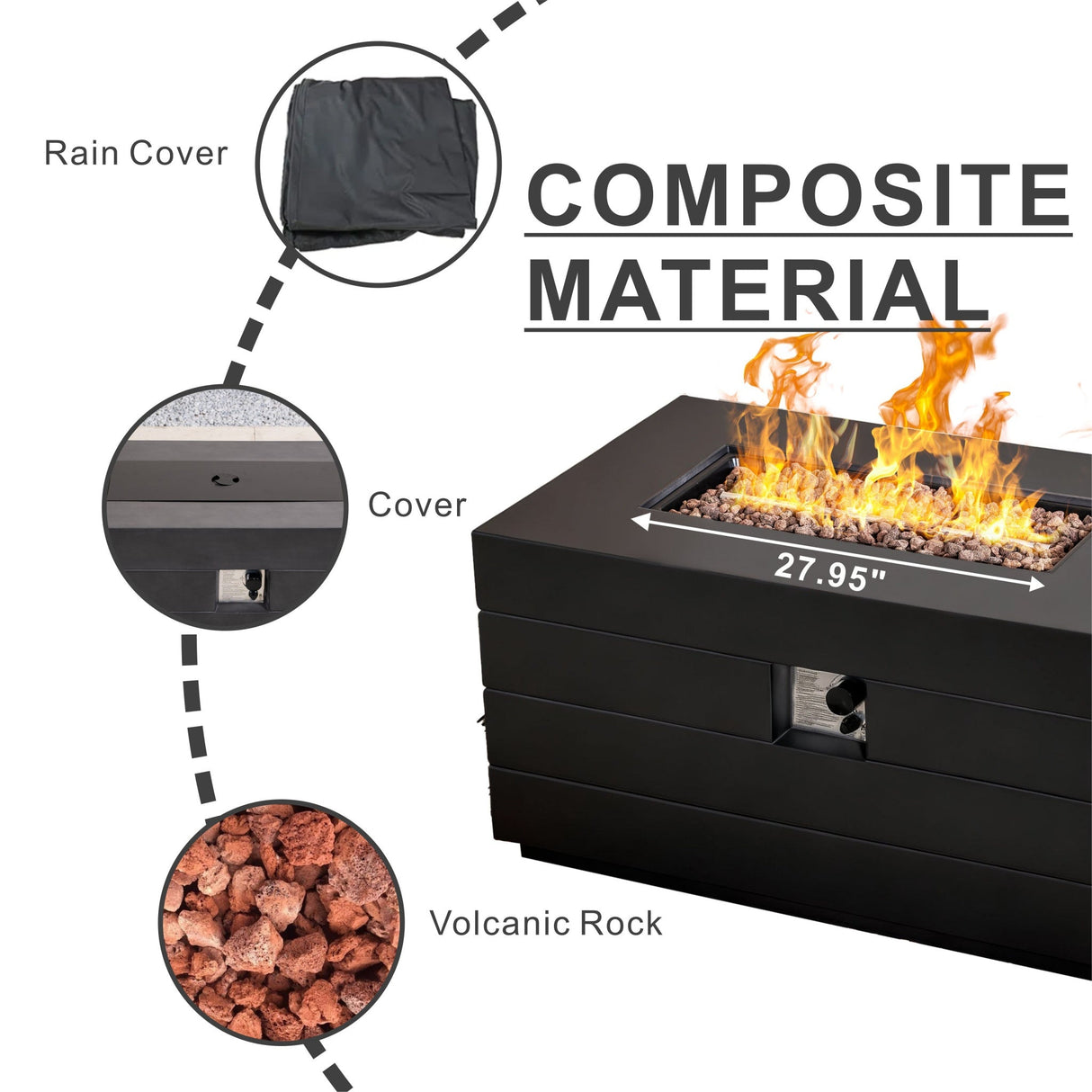50,000 BTU Dark Gray Rectangular Propane Fire Pit Table with Lid, Outdoor Gas Fire Table with Hidden Tank, Lava Rocks & Cover Included