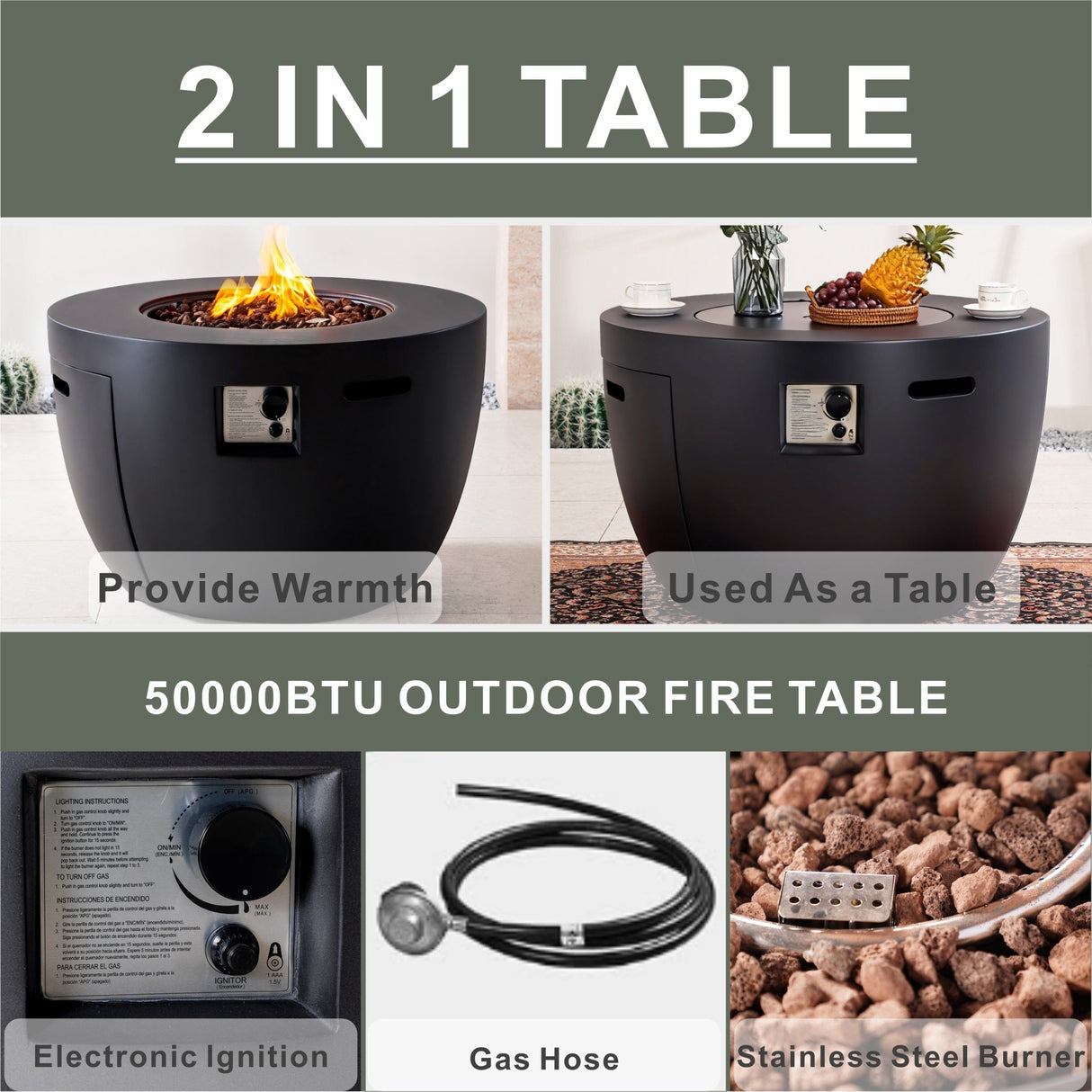 50,000 BTU Round Dark Gray Propane Fire Pit Table with Lid, Outdoor Gas Fire Table with Hidden Tank, Lava Rocks & Cover Included