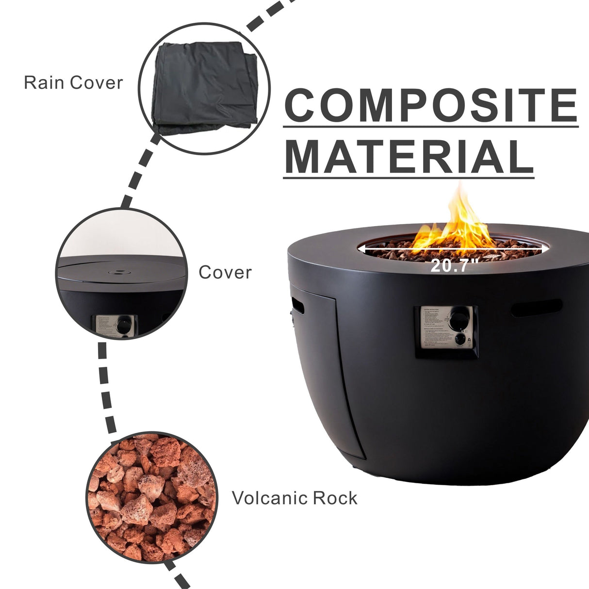 50,000 BTU Round Dark Gray Propane Fire Pit Table with Lid, Outdoor Gas Fire Table with Hidden Tank, Lava Rocks & Cover Included