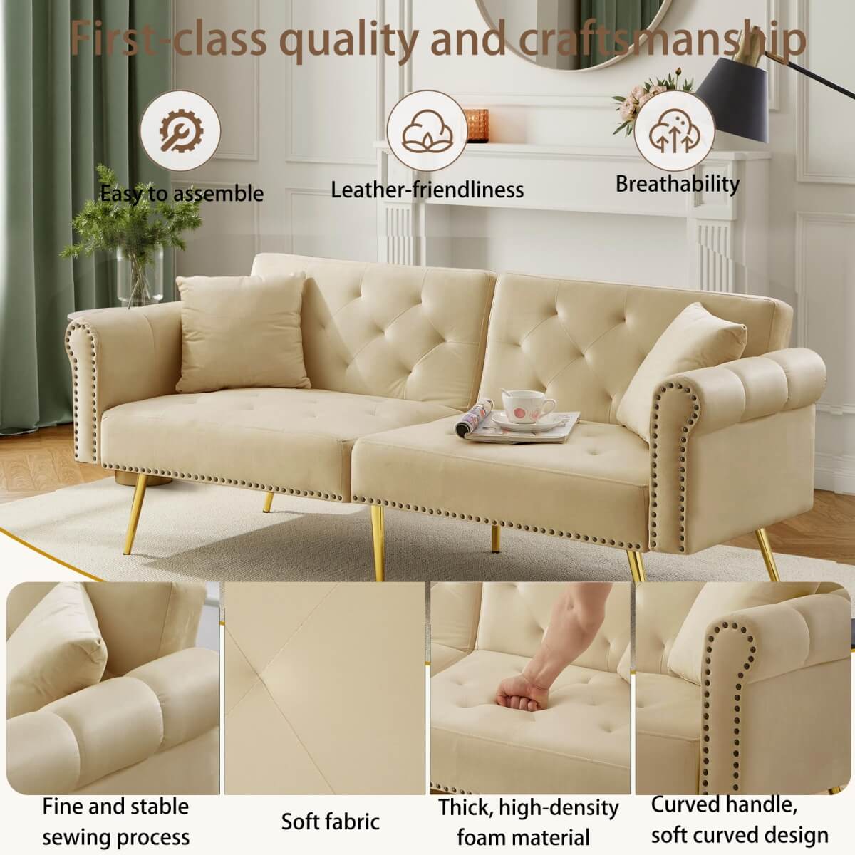 2-Seater Modern Sofa Bed – Velvet Upholstery with 3-Stage Adjustable Backrest and Gold Metal Feet, Space-Saving Convertible Sofa for Small Spaces
