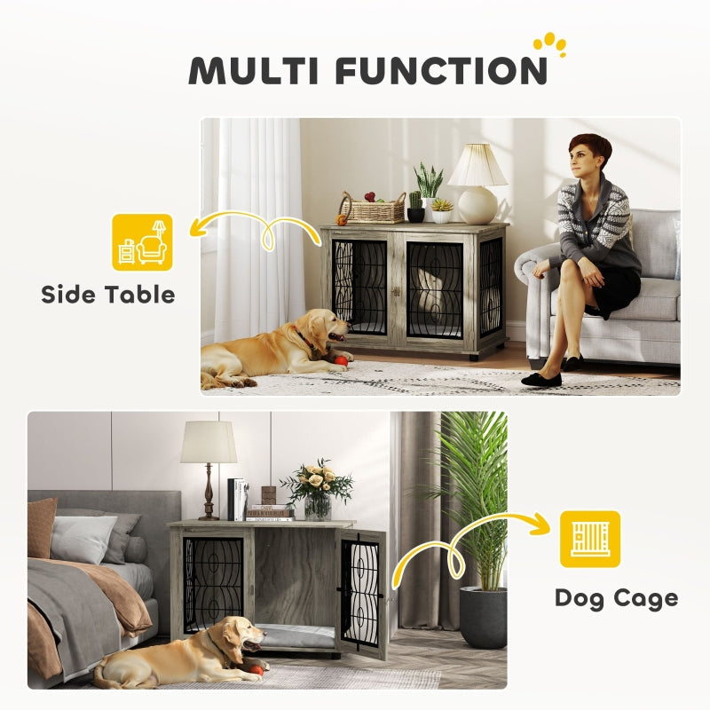 PawHut Dog Crate End Table with Cushion, Lockable Door - Grey