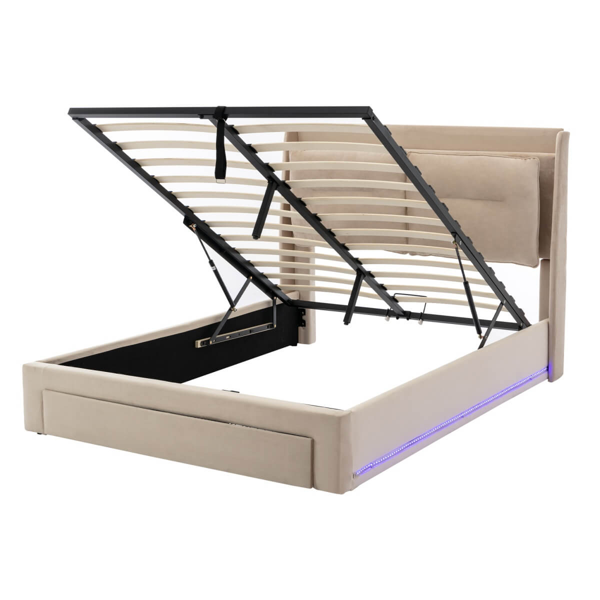 4ft6 Double Velvet Ottoman Bed - Upholstered Storage Bed with LED Lighting & End Drawers, Beige