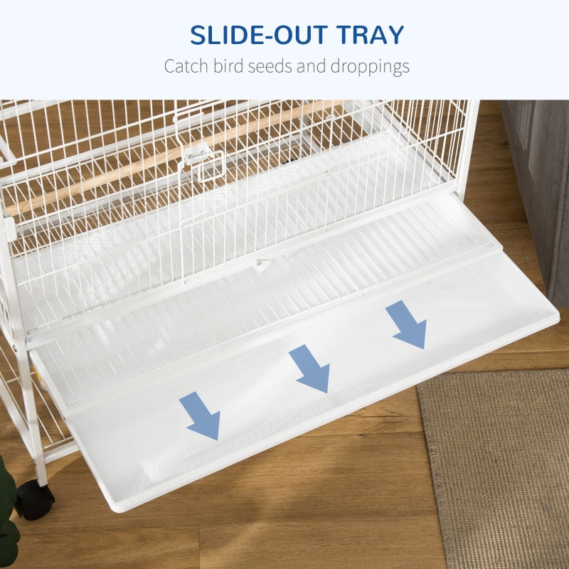 Large Bird Cage for Finch Canaries Parakeet with Rolling Stand, Slide-out Tray, Storage Shelf, Food Containers, White