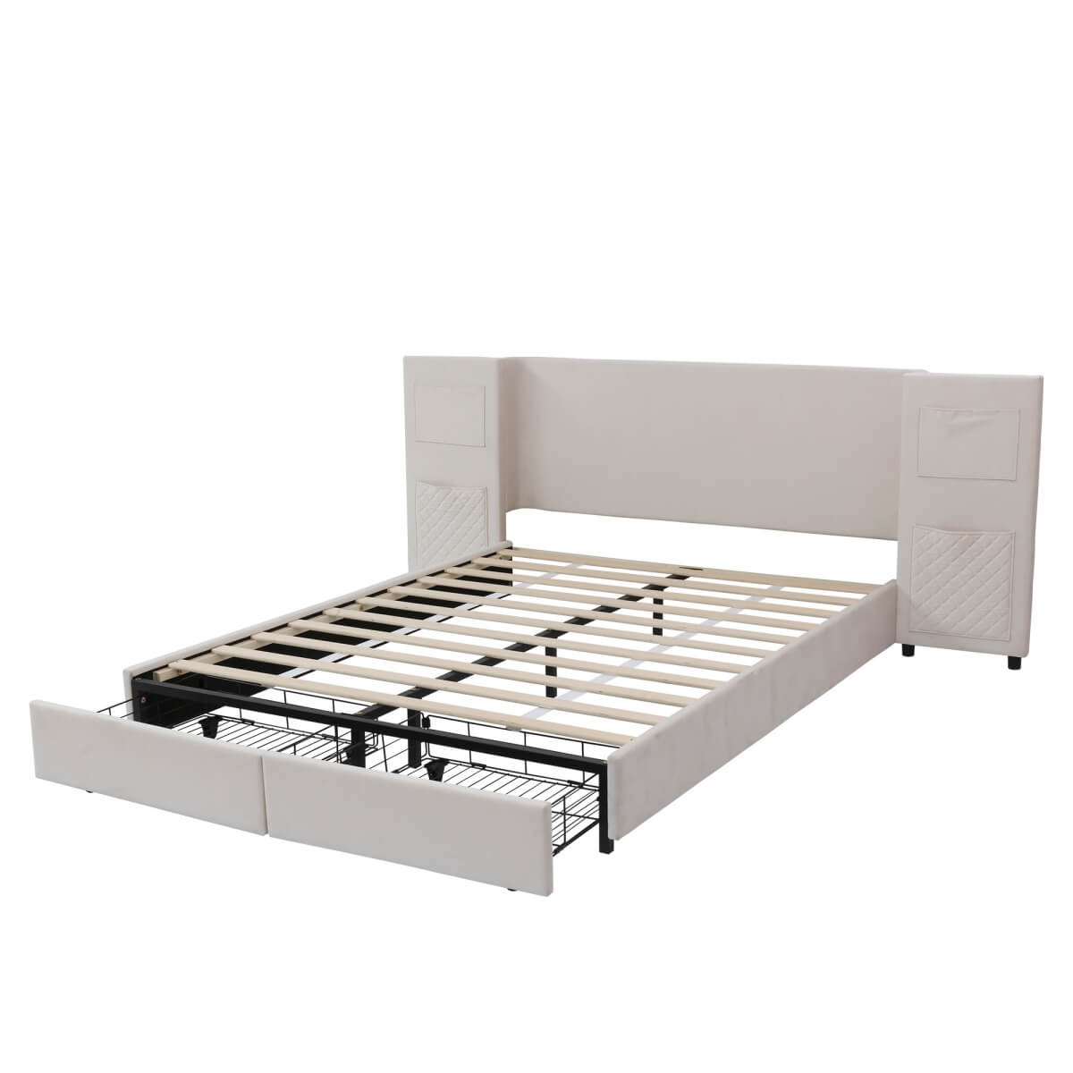 4ft6 Double Velvet Bed Frame with Storage Drawers - Upholstered Bed with Headboard Pockets, 2 Wheeled Drawers and Sturdy Metal Legs, Beige