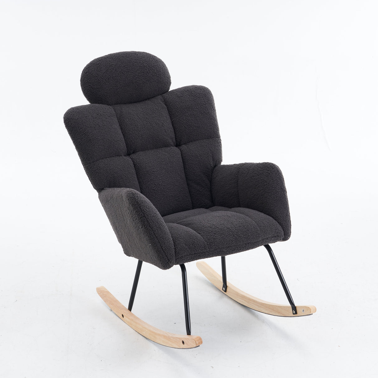 Soft Teddy Fabric Rocking Chair with Padded Seat and Headrest, Dark Grey