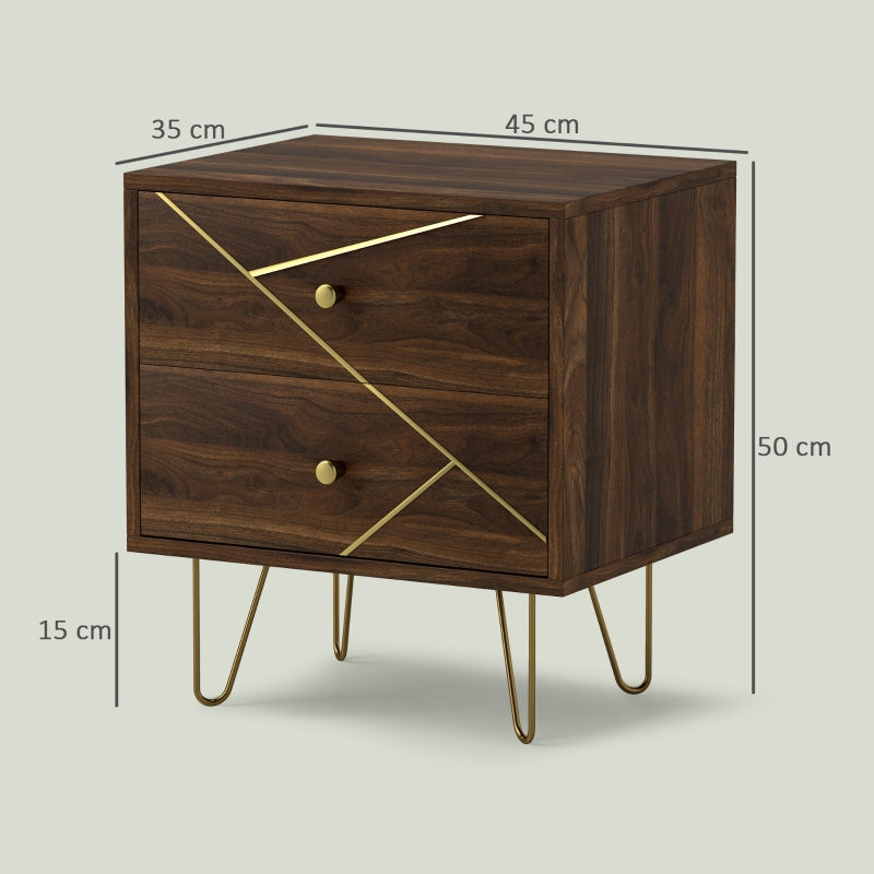 Bedside Tables, Modern Set of 2 with 2 Drawers and Steel Hairpin Legs, Brown Wood Grain