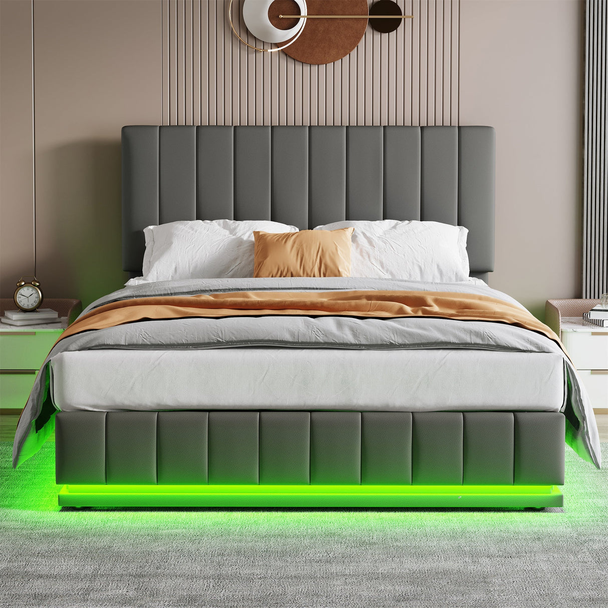 Ottoman King Bed with LED Lighting, Hydraulic Storage, and Adjustable Channel Tufted Headboard, Grey PU Leather