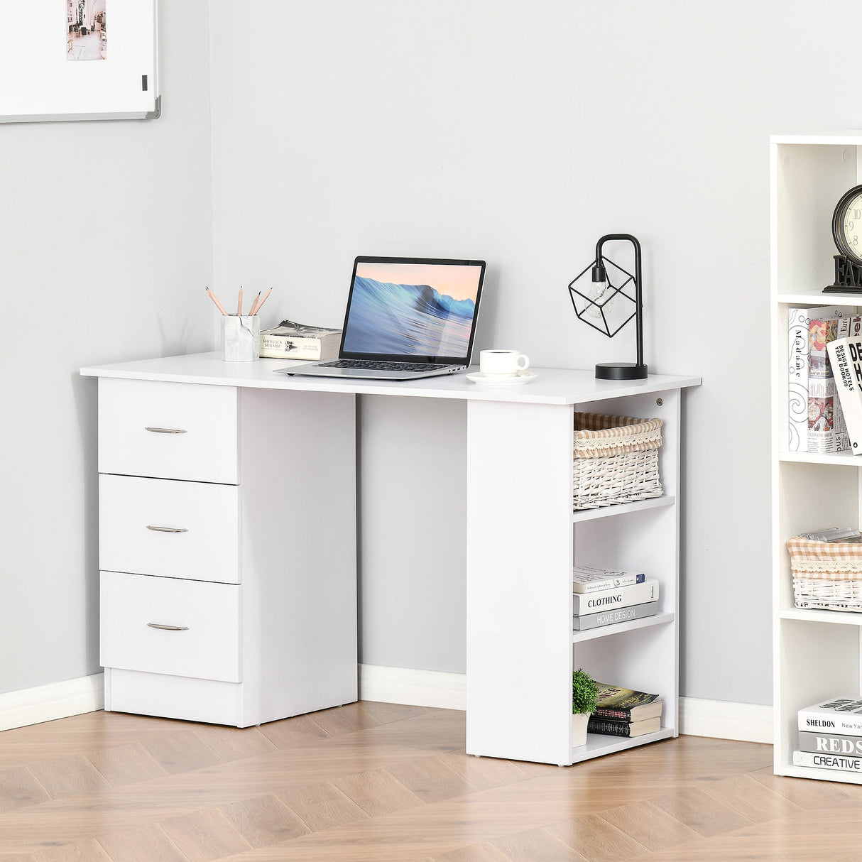Computer Desk with 3 Storage Shelves & Drawers, White