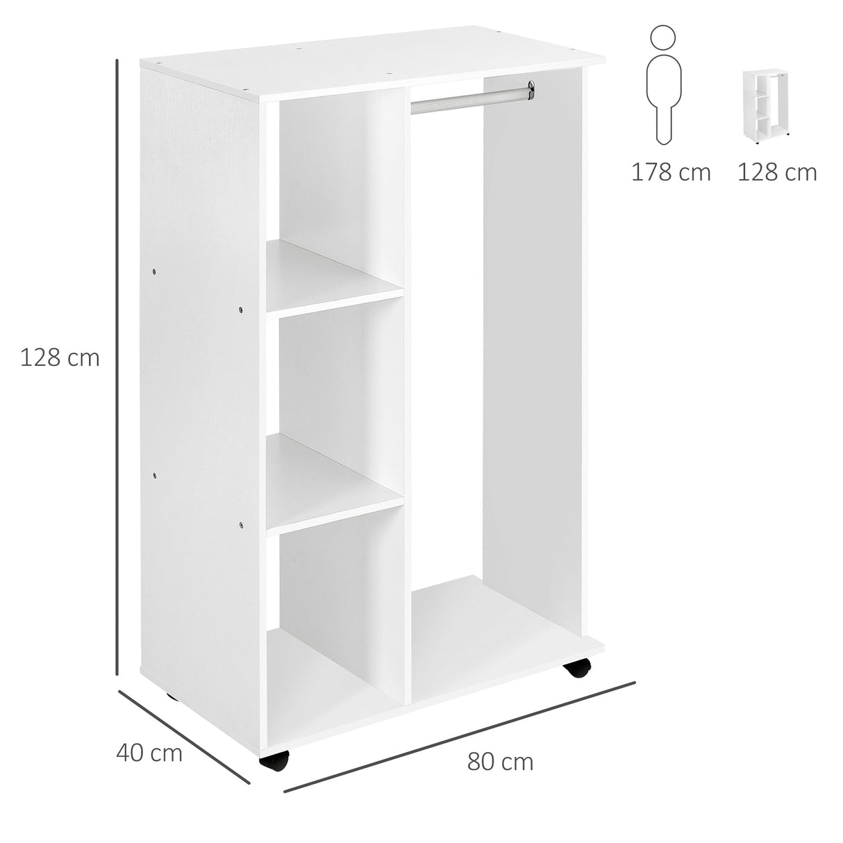 Open Wardrobe on Wheels, Clothes Rail & 3 Shelves, White