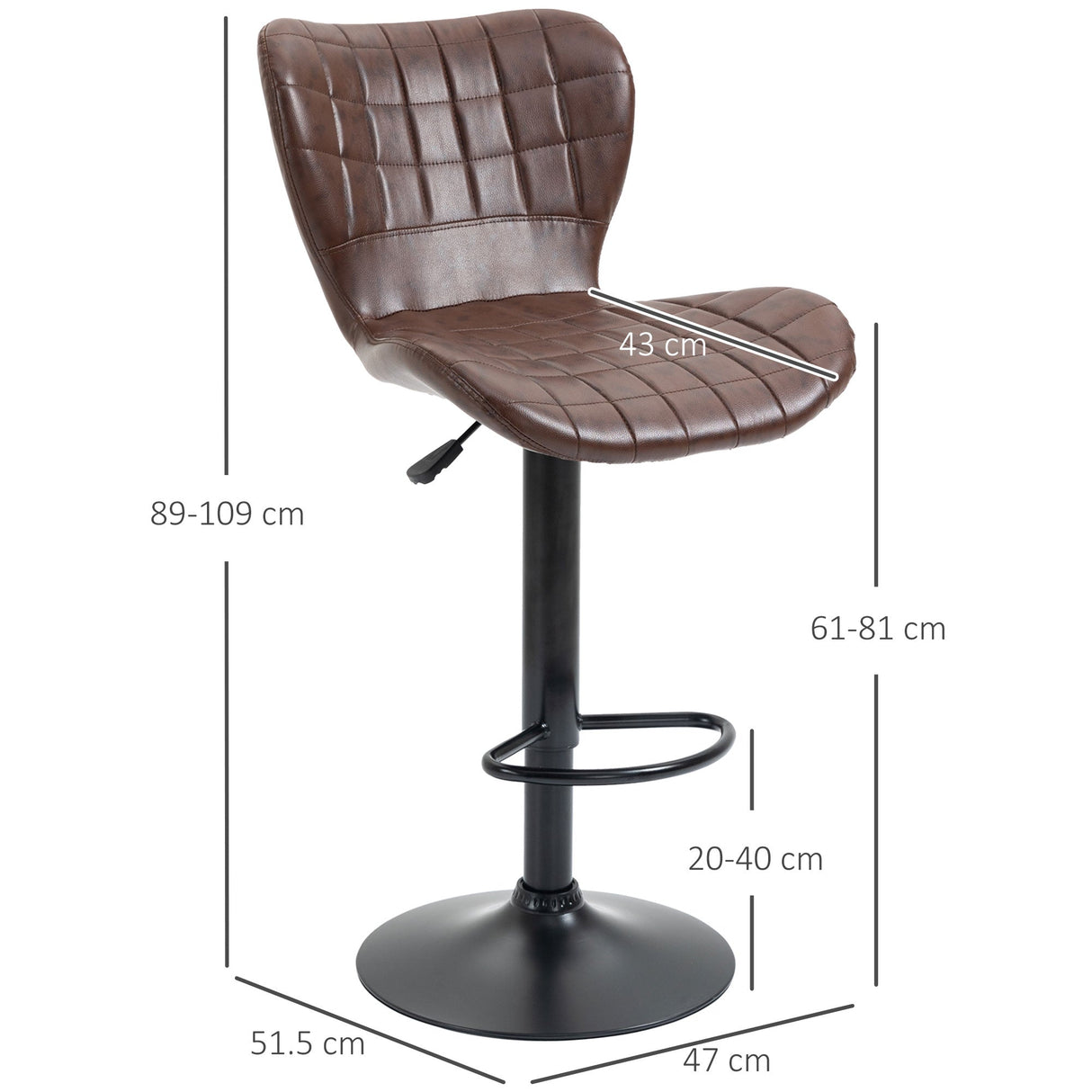 Bar Stools Set of 2, Adjustable Height Swivel Bar Chairs, PU Leather Brown
