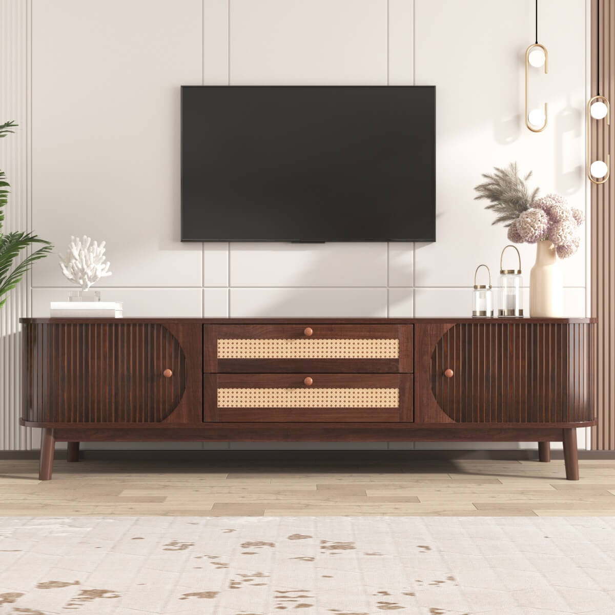 TV Unit with Rattan Effect Drawers and Doors - Country Style TV Stand with Storage, Natural Walnut Effect